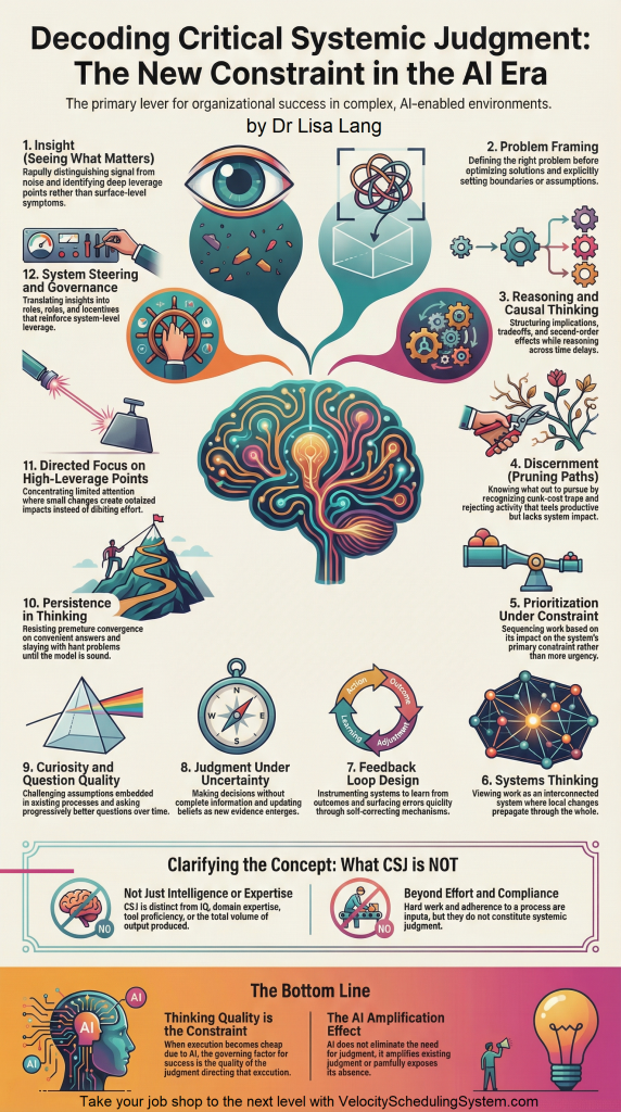 Infographic showing 12 components of critical systemic judgment including insight, problem framing, discernment, and systems thinking